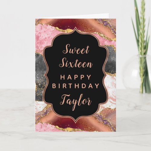 Pink Black Sequins Agate Sweet 16 Happy Birthday Card