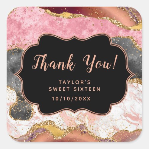 Pink Black Sequins Agate Sweet Sixteen Thank You Square Sticker