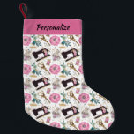 Pink Black Sewing Maching Thread Design Christmas Small Christmas Stocking<br><div class="desc">Pink and black sewing machine thread design, featuring a vintage sewing machine and spools of thread in pink and black. This personalized holiday décor adds a crafty festive accent to your custom Christmas decoration. The pink and black sewing machine thread design is perfect for sewing lovers, crafters, and handmade holiday...</div>