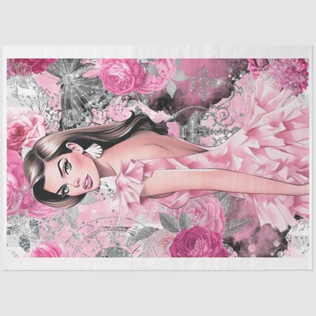 Pink & Black Shabby Glam Girl Decoupage Paper (Front)