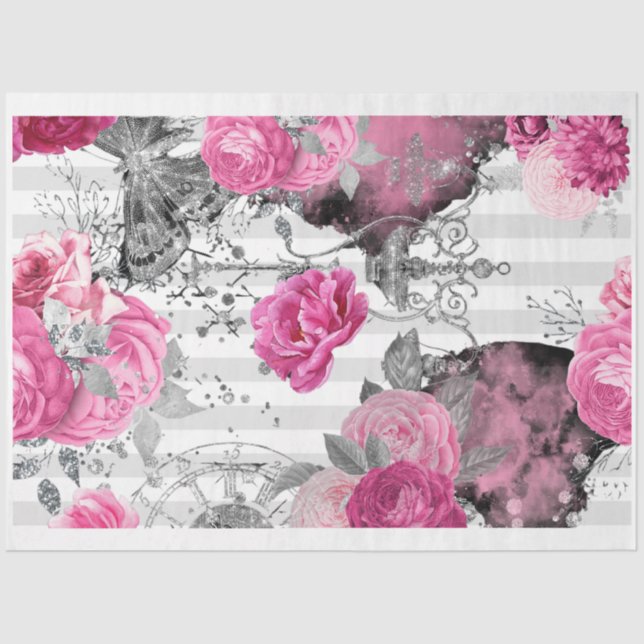 Pink & Black Shabby Glam Roses Decoupage Paper (Front)