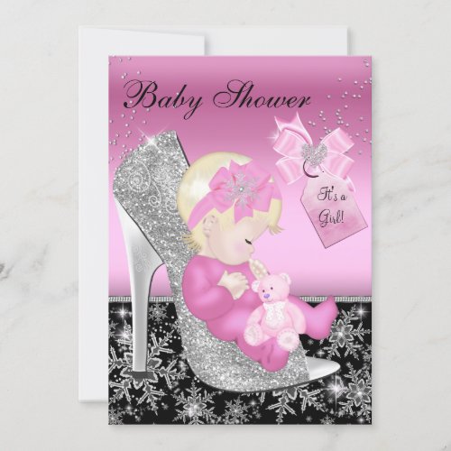Pink Black Shoe  Snowflake Girl Baby Shower Invitation