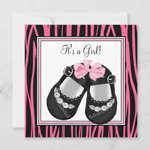 Pink Black Shoes Hot Pink Zebra Baby Shower Invitation