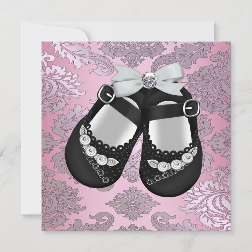 Pink Black Shoes Pink Black Damask Baby Girl Invitation