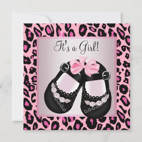 Pink Black Shoes Pink Leopard Baby Girl Shower Personalized Invite