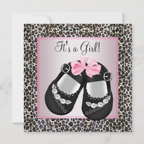 Pink Black Shoes Pink Leopard Baby Girl Shower Invitation