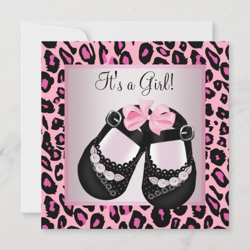 Pink Black Shoes Pink Leopard Baby Girl Shower Invitation