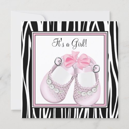 Pink Black Shoes Pink Zebra Baby Girl Shower Invitation