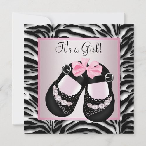 Pink Black Shoes Pink Zebra Baby Shower Invitation