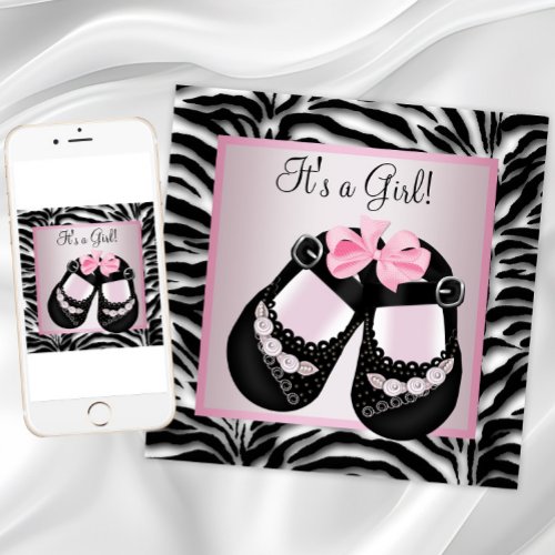 Pink Black Shoes Pink Zebra Baby Shower Invitation