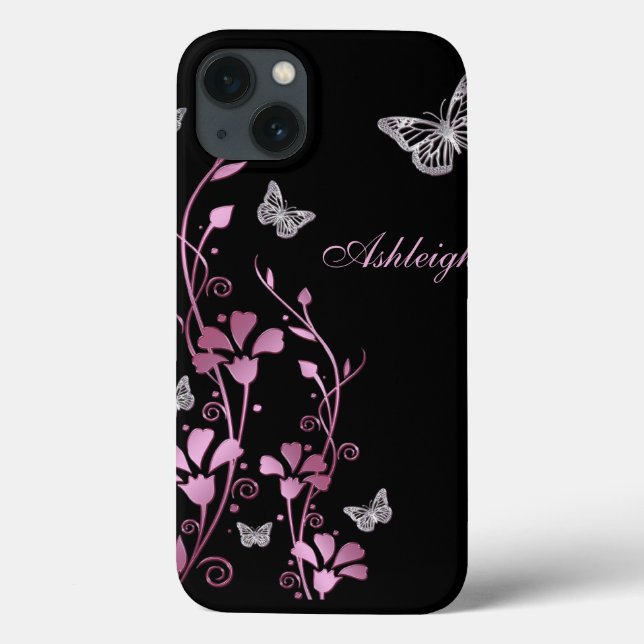 Pink Black Silver Butterfly Floral iPad Air Case (Back)