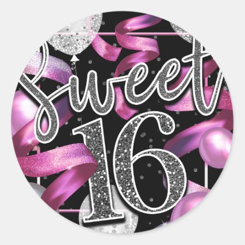 Pink Black Silver Faux Glitter Look Sweet 16 Classic Round Sticker