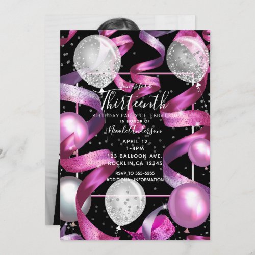 Pink Black Silver Glitter 13th Birthday Photo Invitation