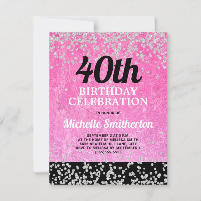 Pink Black Silver Glitter Adult 40th Birthday Card (Front)