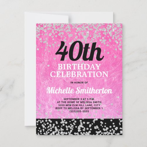 Pink Black Silver Glitter Adult 40th Birthday Card