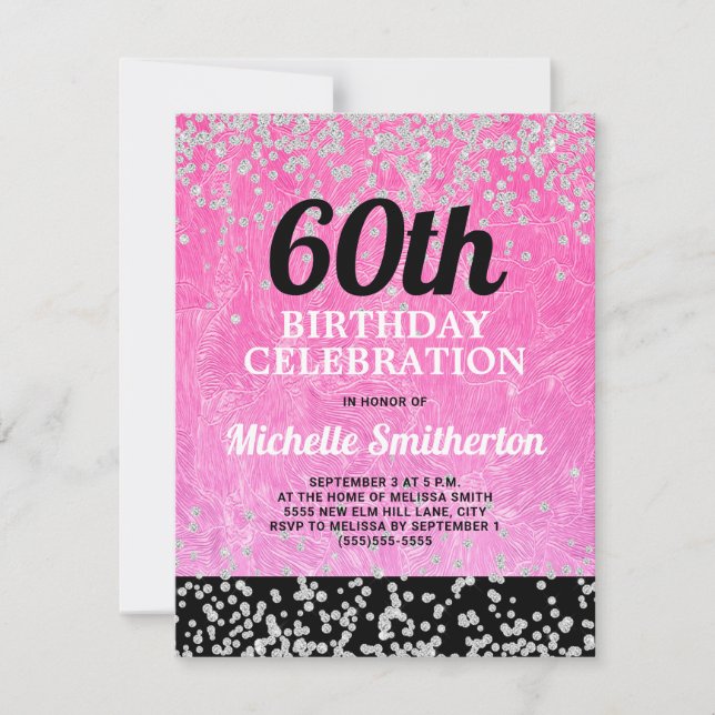 Pink Black Silver Glitter Adult 60th Birthday Card (Front)