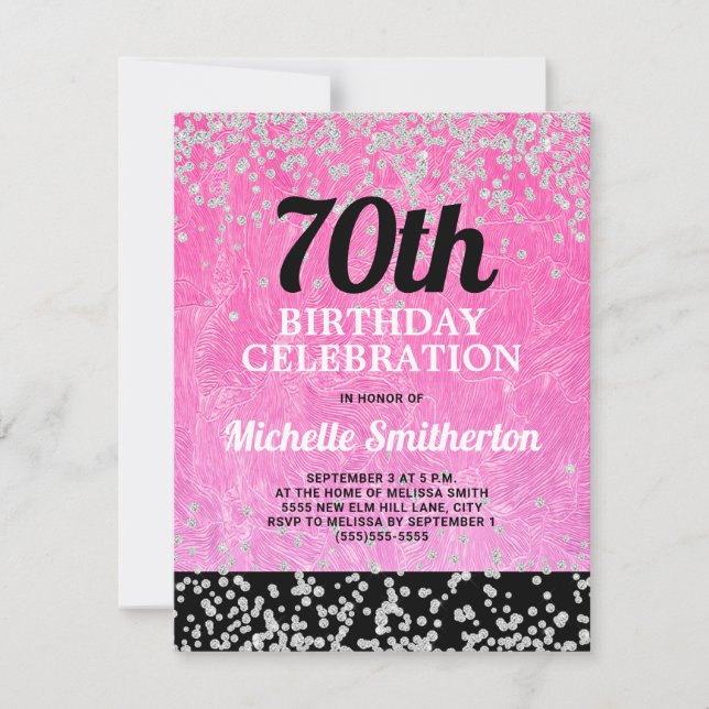 Pink Black Silver Glitter Adult 70th Birthday Card (Front)