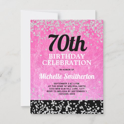 Pink Black Silver Glitter Adult 70th Birthday Card