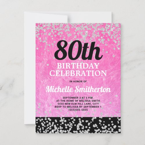 Pink Black Silver Glitter Adult 80th Birthday Card