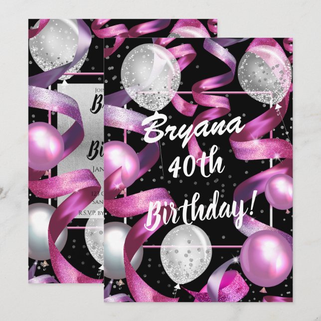 Pink Black Silver Glitter Balloons 40th Birthday Invitation (Front/Back)