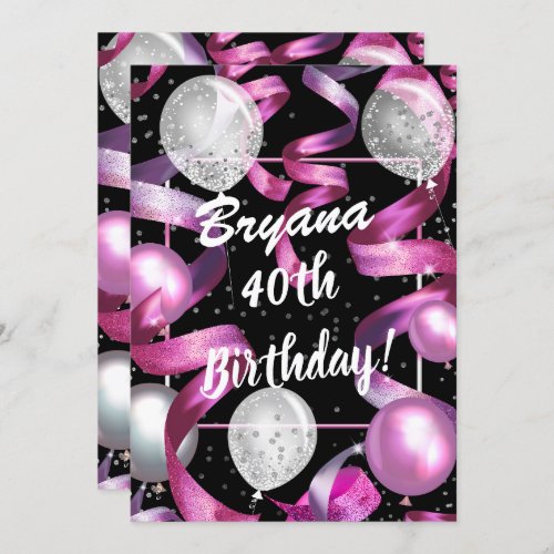 Pink Black Silver Glitter Balloons 40th Birthday Invitation