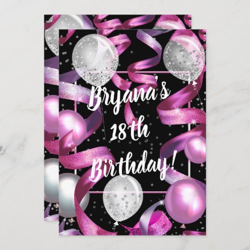 Pink Black Silver Glitter Balloons Birthday Party Invitation