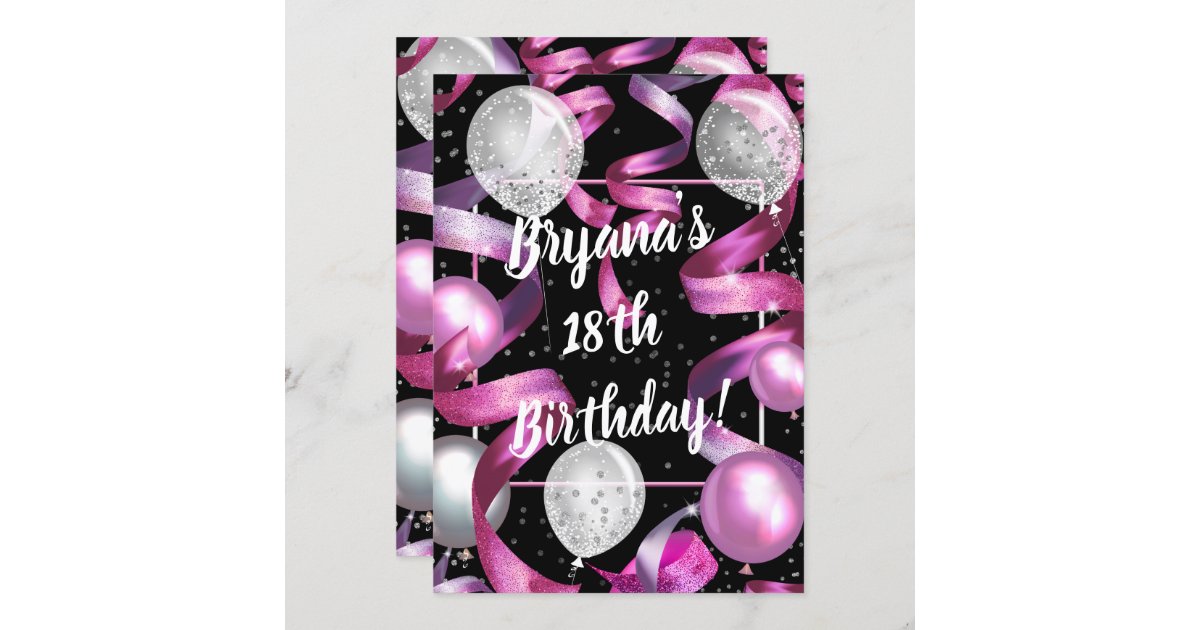 Pink Black Silver Glitter Balloons Birthday Party Invitation | Zazzle
