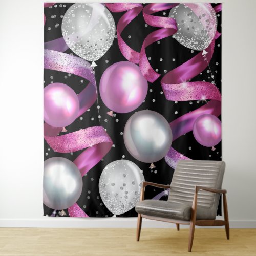 Pink Black Silver Glitter Balloons Party Backdrop
