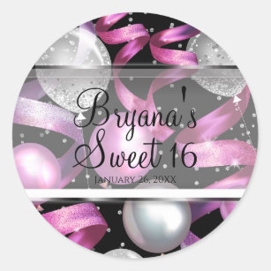 Pink Black Silver Glitter Sweet 16 Birthday Party Classic Round Sticker