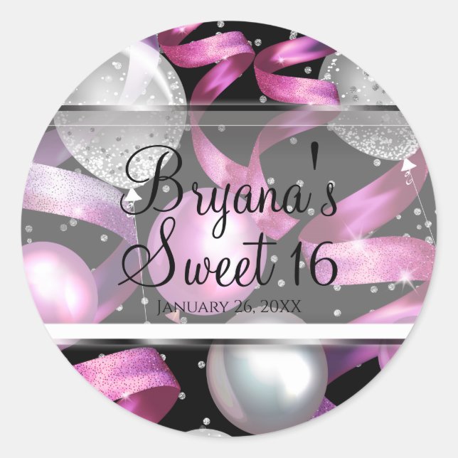 Pink Black Silver Glitter Sweet 16 Birthday Party Classic Round Sticker (Front)