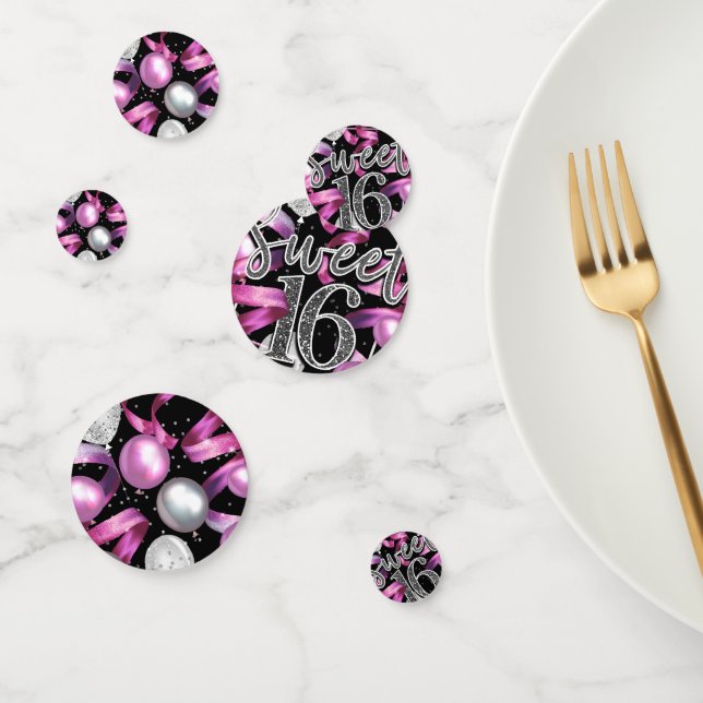 Pink Black Silver Glitter Sweet 16 Birthday Party Confetti (Group)
