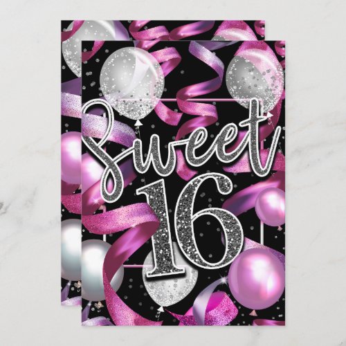 Pink Black Silver Glitter Sweet 16 Birthday Party Invitation