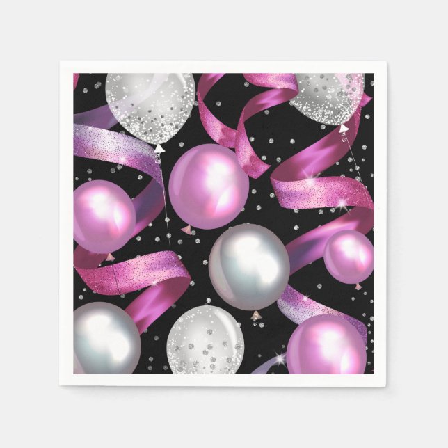 Pink Black Silver Glitter Sweet 16 Birthday Party Napkins (Front)