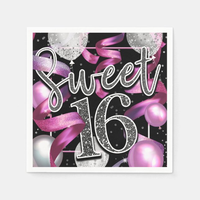 Pink Black Silver Glitter Sweet 16 Birthday Party Napkins (Front)