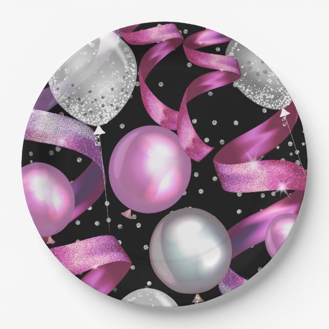 Pink Black Silver Glitter Sweet 16 Birthday Party Paper Plates (Front)