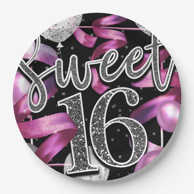 Pink Black Silver Glitter Sweet 16 Birthday Party Paper Plates (Front)