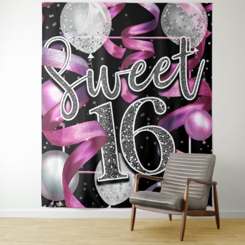 Pink Black Silver Glitter Sweet 16 Party Backdrop