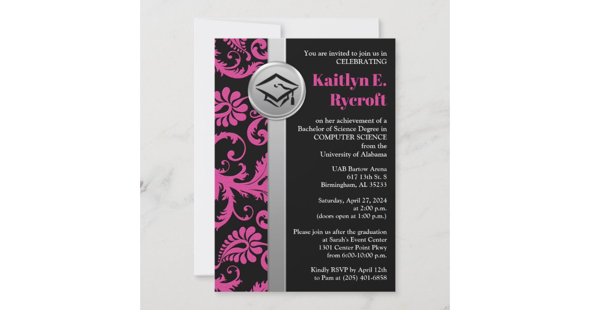 Pink, Black, Silver Graduation Cap Invite | Zazzle