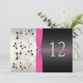 Pink, Black, Silver Gray Floral Bat Mitzvah Invite (Standing Front)