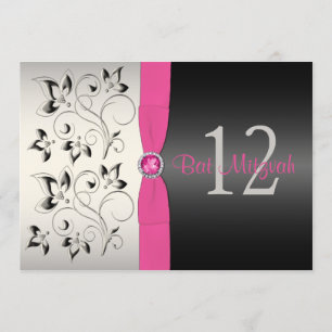 Pink, Black, Silver Gray Floral Bat Mitzvah Invite