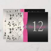 Pink, Black, Silver Gray Floral Bat Mitzvah Invite (Front/Back)