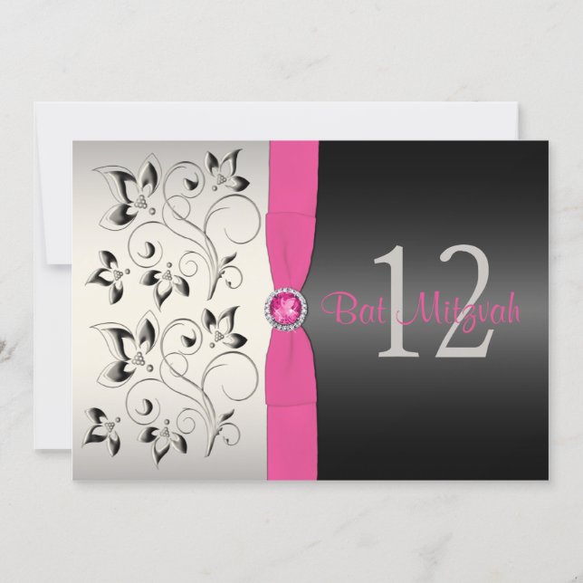 Pink, Black, Silver Gray Floral Bat Mitzvah Invite (Front)