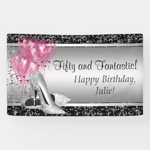 Pink Black Silver High Heel Shoe Birthday Party Banner