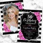 Pink Black Silver Photo 50th Birthday Invitation<br><div class="desc">Elegant floral feminine 50th birthday invitation with your photo at the back of the card. Glam black white pink design with faux glitter silver. Features black and white stripes, pink roses, script font and confetti. Perfect for a stylish adult bday celebration party. Personalise with your own details. Can be customised...</div>