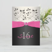 Pink Black Silver PRINTED Ribbon Sweet 16 Invite (Standing Front)