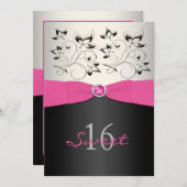 Pink Black Silver PRINTED Ribbon Sweet 16 Invite (Front/Back)