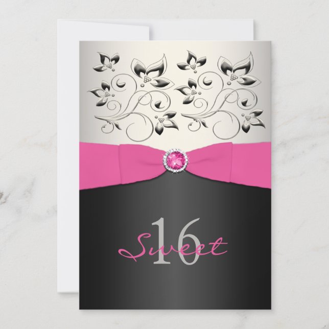 Pink Black Silver PRINTED Ribbon Sweet 16 Invite (Front)