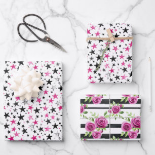 Pink Black Silver Stars Flowers Stripes Birthday Wrapping Paper Sheets