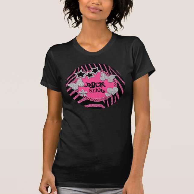 Pink Black Silver Zebra Glitter Rock Star T-Shirt (Front)