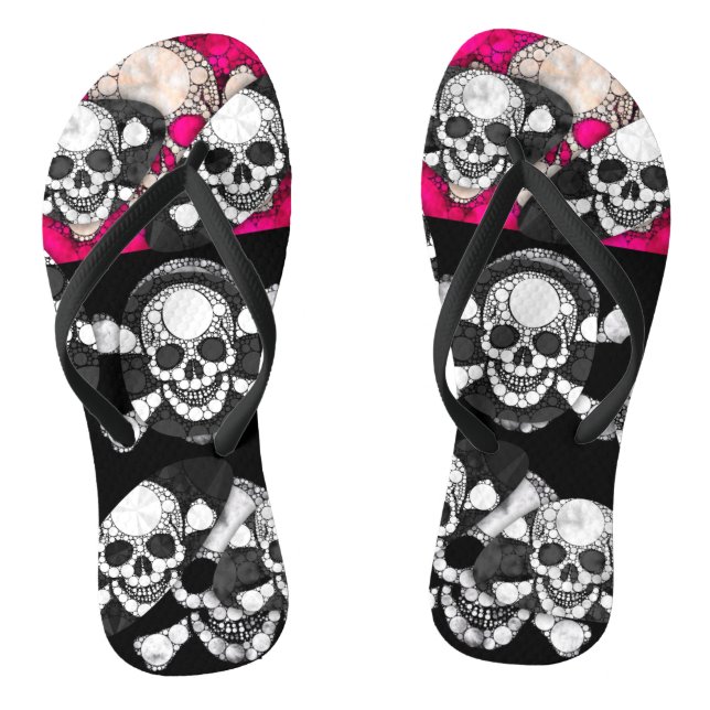 Pink Black Skull Bling Pattern Flip Flops (Footbed)